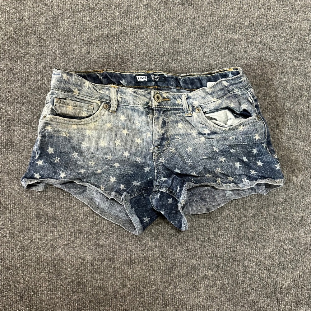 Levi's Shorts Girls Size 16 Blue Star Print Denim Shorty Short Raw Hem Casual